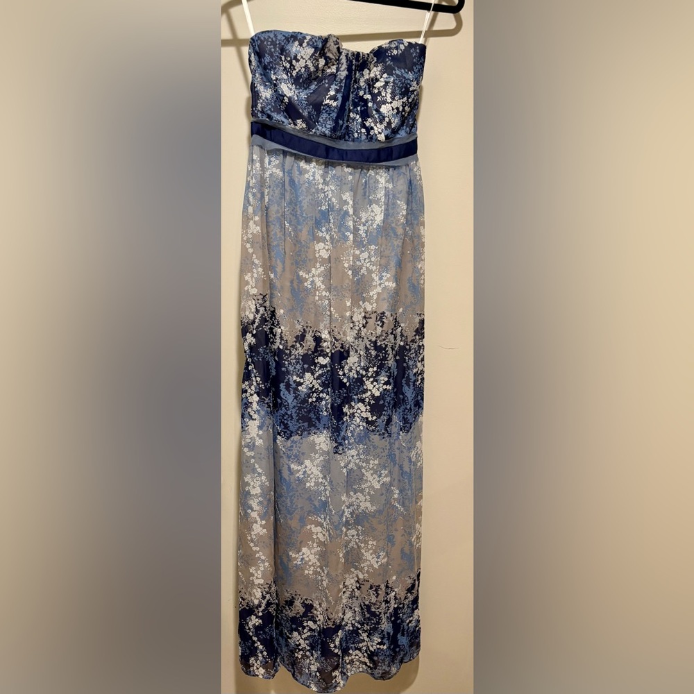 Elegant Blue Floral Patterned Strapless Maxi SZ S